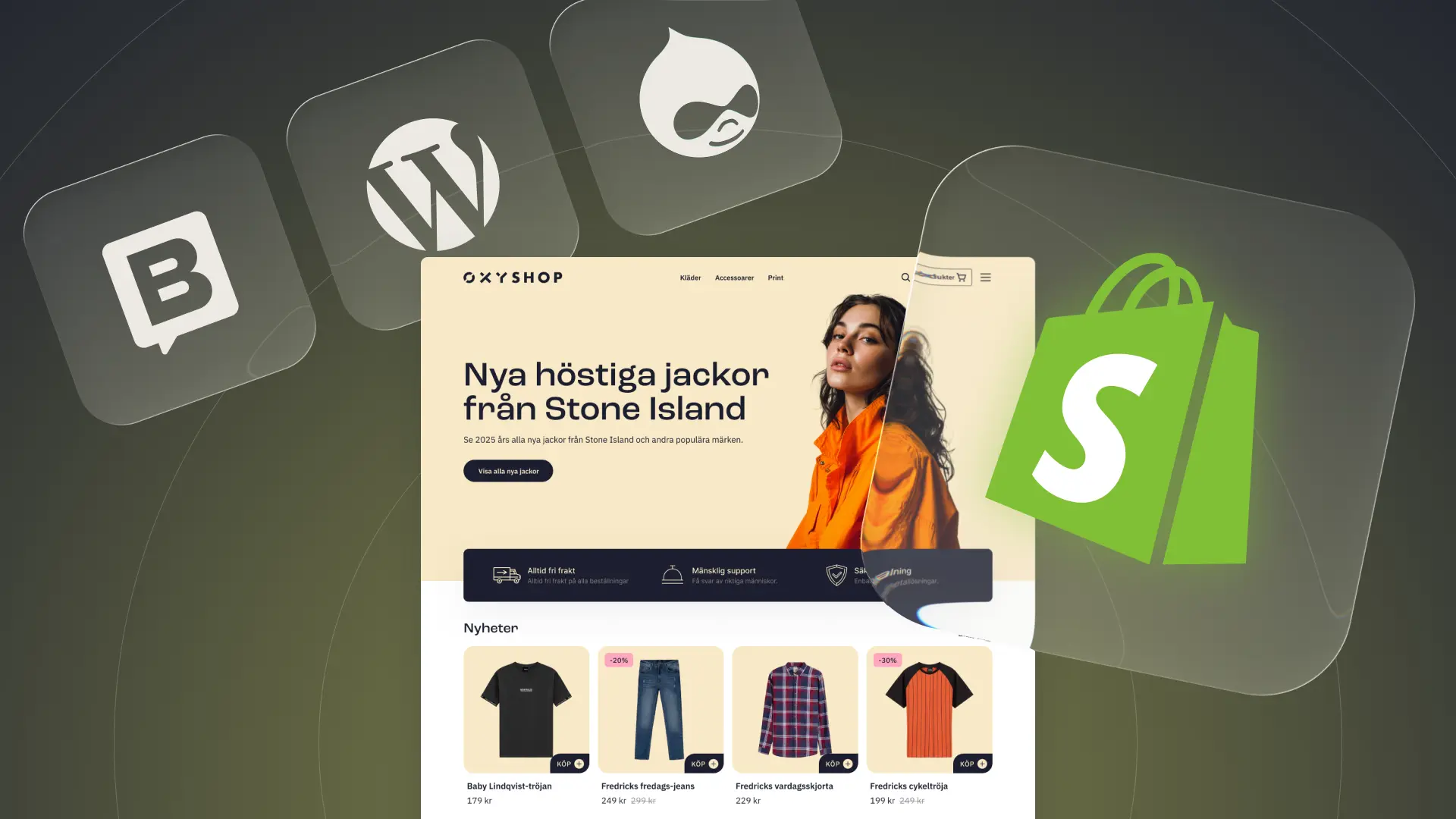 Illustration som visar knappar med olika CMS och med Shopify tillsammans med en ehandel som demonstrera att en headless-butik kan hämta innehåll från flera källor.