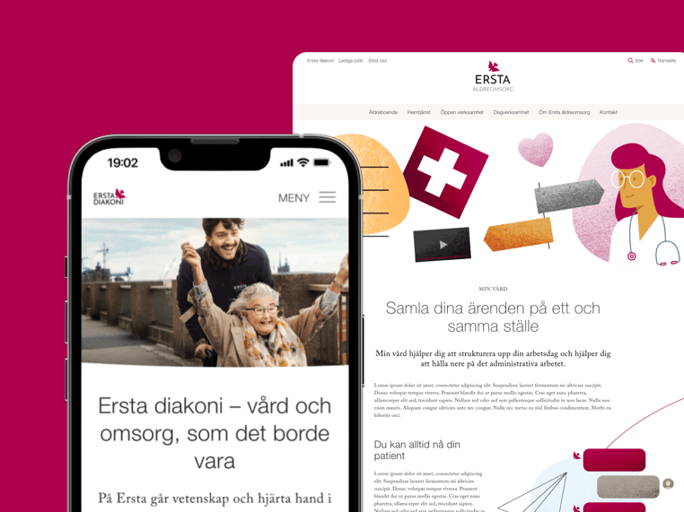 Ersta diakonis startsida visas på beskuren iphone och bakom syns en illustrared undersida frås samma webbplats