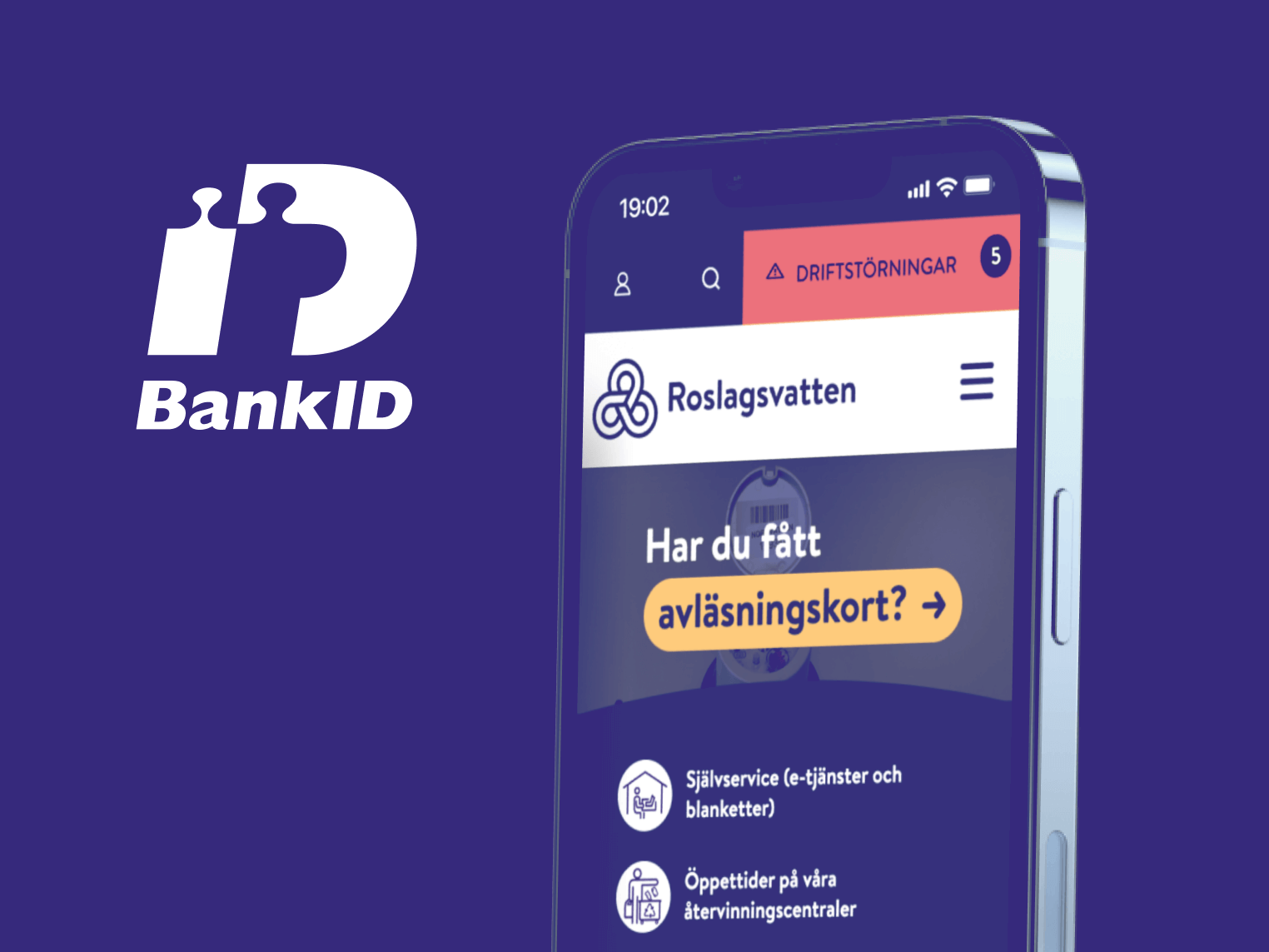 Roslagsvattens webbplats visas på en beskuren iphone tillsammans med logotyp för BankId