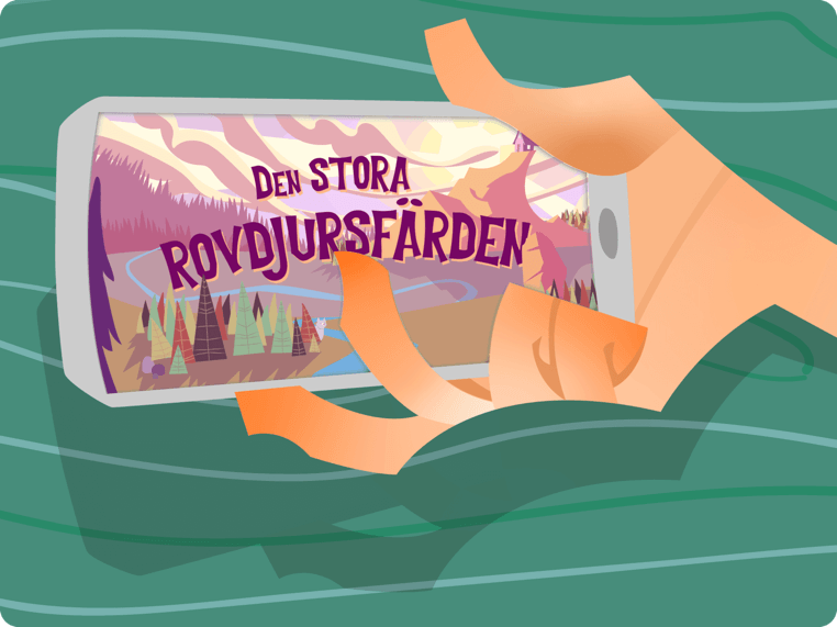 Illustration på hand som visar upp spelet Den stora rovdjursfärden på en mobiltelefon