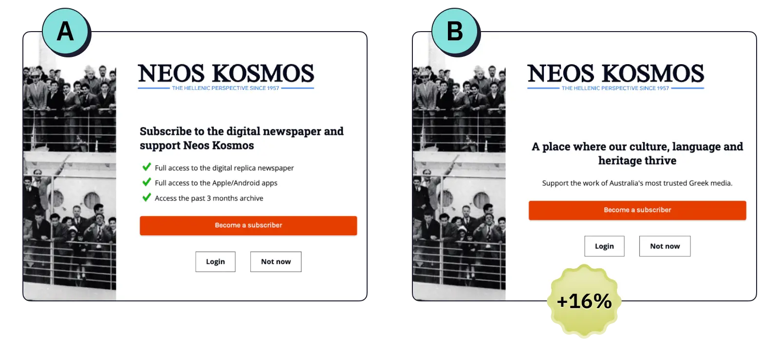 Skärmdumpar som visas en modal ruta innan och efter att rubrik och undertext ändrades för att göra den mer engagerande.