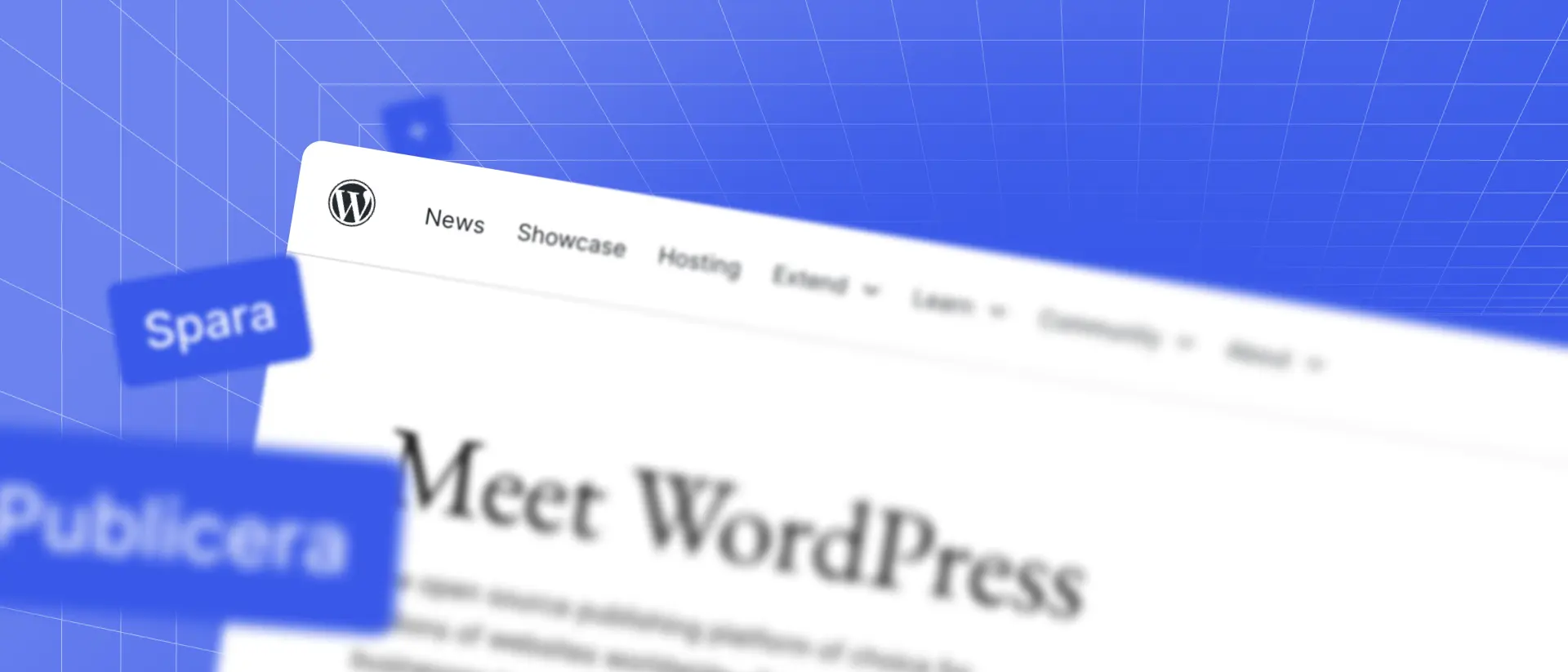 Suddig beskuren skärmdump från WordPress webbplats som överlappas av suddiga knappar från ett gränssnitt.